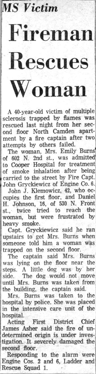 Camden Courier-Post, February 8, 1965 — Fireman rescues MS victim