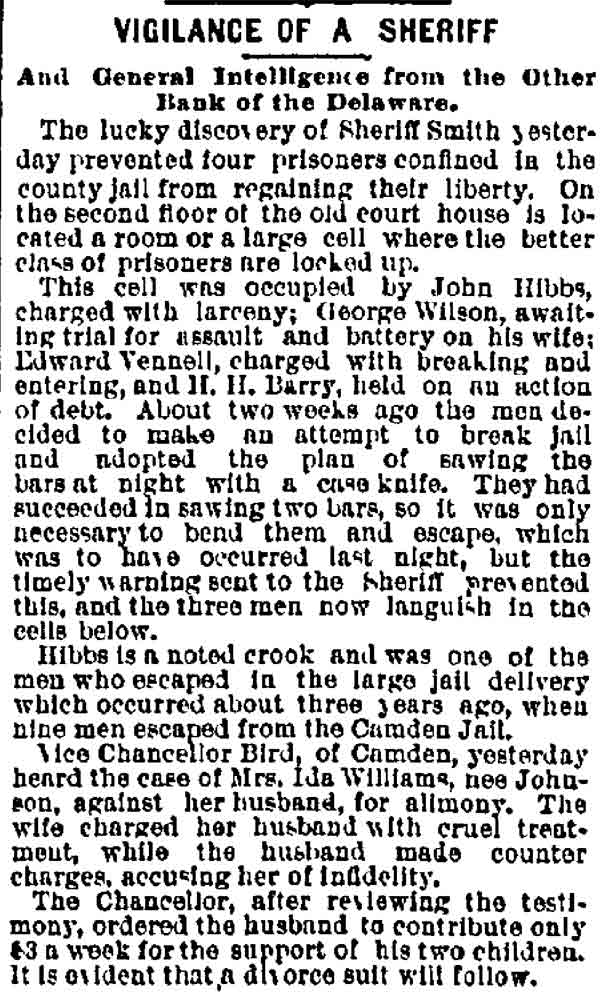 Philadelphia Inquirer, October 26, 1886 — Vigilance of a Sheriff