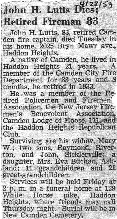 Camden Courier-Post, April 29, 1953 — John H. Lutts Dies; Retired Fireman 83