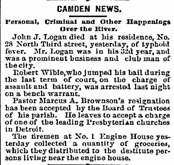Philadelphia Inquirer Camden News column, February 8, 1889, reporting the death of John J. Logan