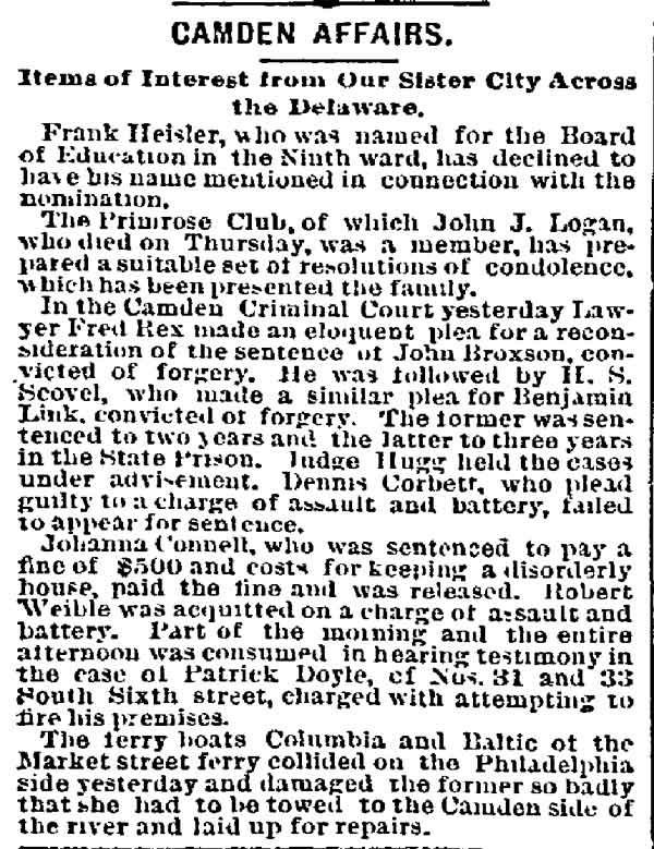 Philadelphia Inquirer Camden Affairs column, February 9, 1889, mentioning John J. Logan and the Primrose Club
