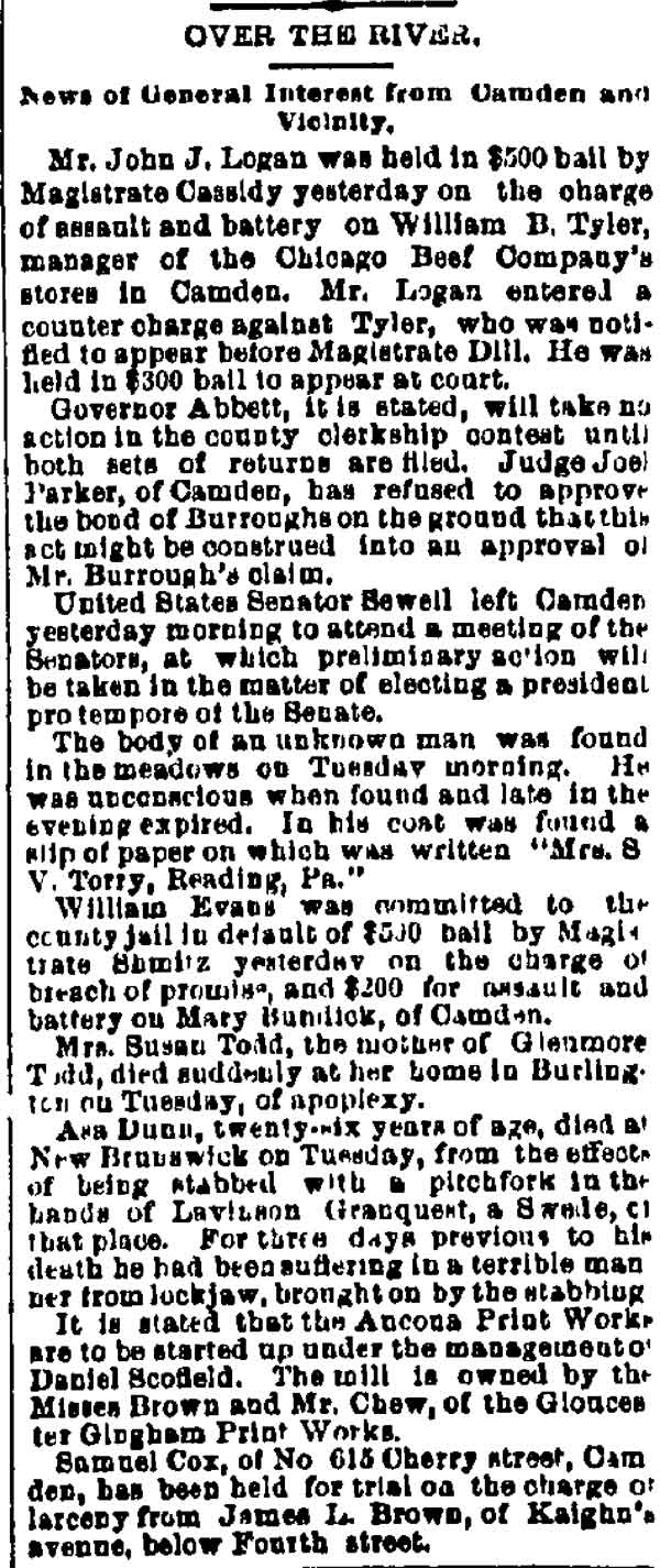 Philadelphia Inquirer Over the River column, December 3, 1885, reporting John J. Logan charged with assault and battery
