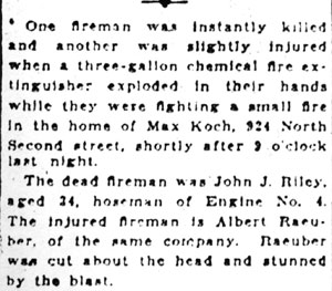 Camden Courier January 20, 1925 — Fireman Dies in Explosion of Chemicals — John J. Reilly, Engine Company 4, column 1