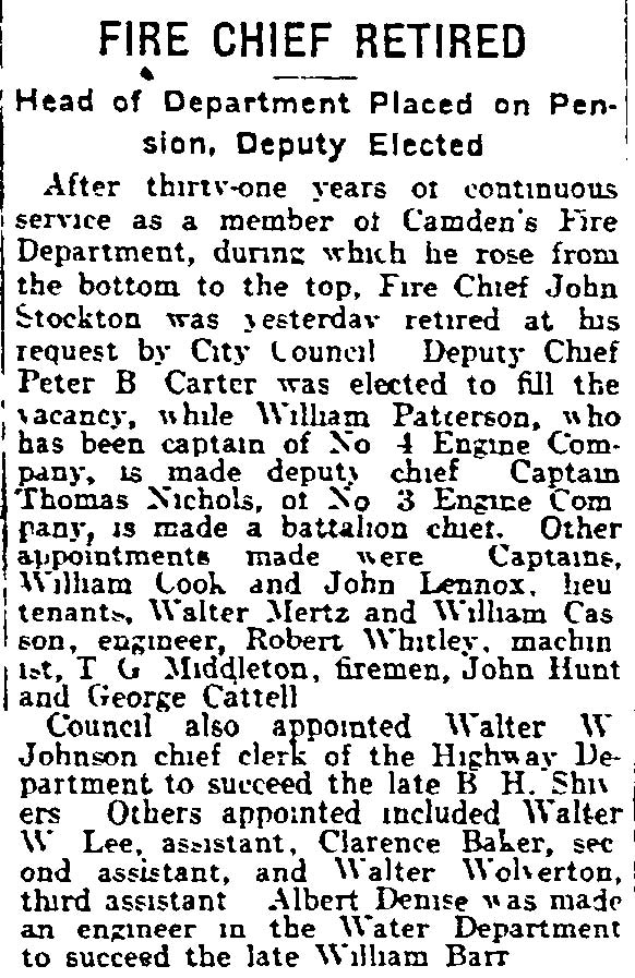 Philadelphia Inquirer, July 30, 1915 — Fire Chief Retired