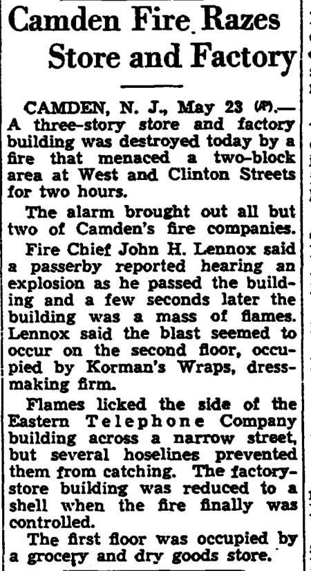 Trenton Times, May 23, 1941 — West and Clinton Streets fire