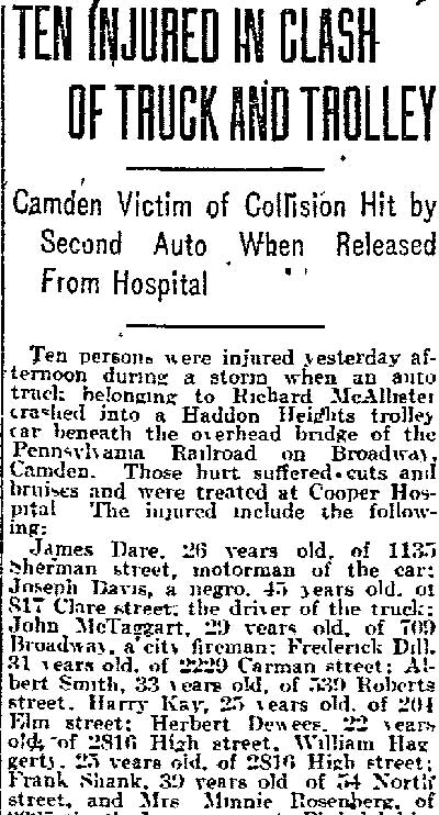 Philadelphia Inquirer, June 15, 1917 — Ten Injured in Clash of Truck and Trolley (page 1)