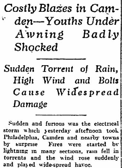 Philadelphia Inquirer, August 19, 1915 — Lightning Starts Fires, page 1