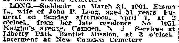 Emma L. Long Death Notice — Philadelphia Inquirer, April 7, 1901