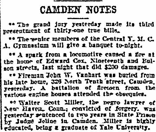 Philadelphia Inquirer, May 1, 1903 — Camden Notes, including notice of John Van Hart's funeral