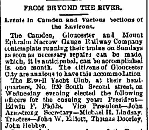 Philadelphia Inquirer article From Beyond the River, April 10, 1885, Elwell Yacht Club officers including John W. Elliott