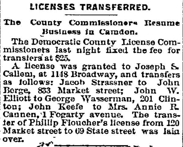Philadelphia Inquirer article Licenses Transferred, April 16, 1892, including John W. Elliott's license transfer