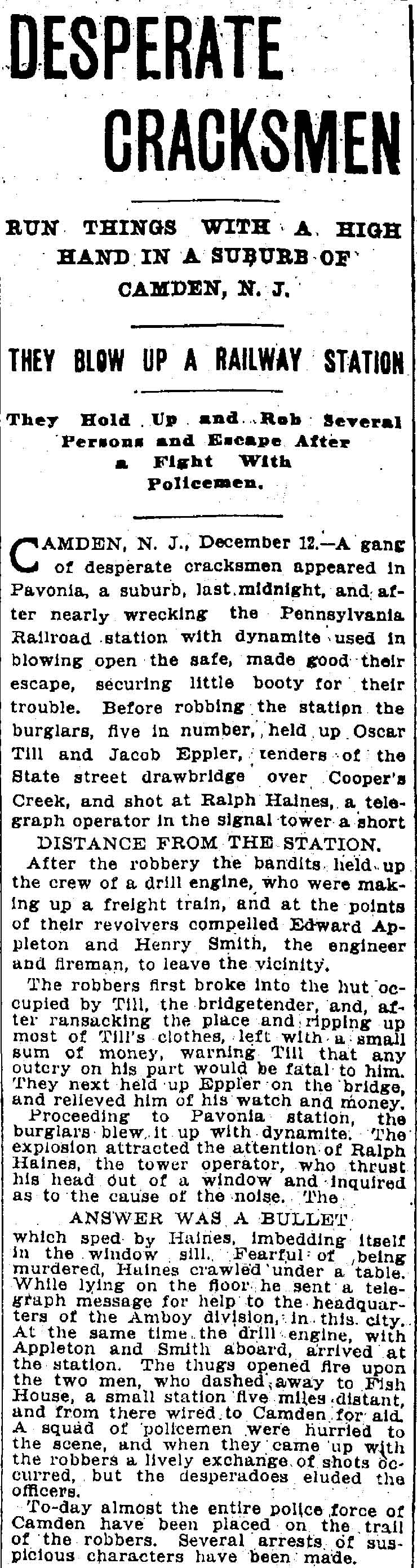 Cleveland Daily Leader, December 13, 1903 — Desperate Cracksmen Run Things With a High Hand
