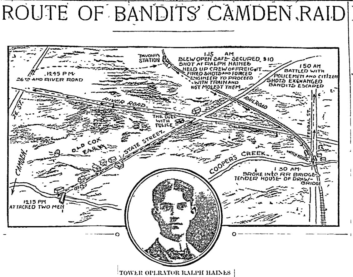 Route of Bandits' Camden Raid — map showing route and portrait of Tower Operator Ralph Haines