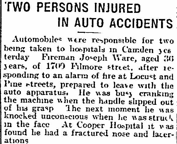 Two Persons Injured in Auto Accidents — Fireman Joseph Ware, Philadelphia Inquirer, June 8, 1914