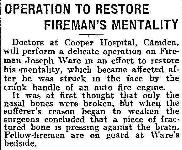 Operation to Restore Fireman's Mentality, Philadelphia Inquirer, June 27, 1914