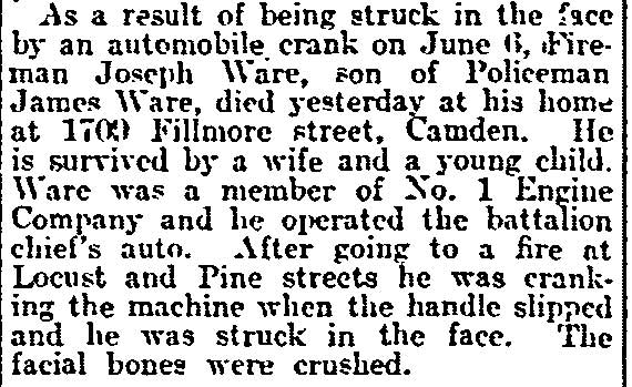 Fireman Joseph Ware Dies, Philadelphia Inquirer, July 22, 1914