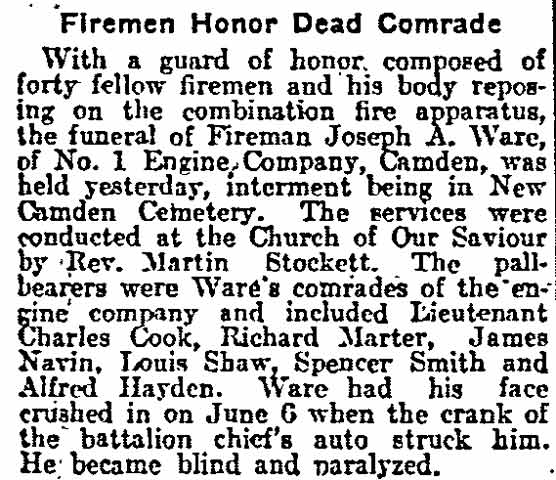 Firemen Honor Dead Comrade — Philadelphia Inquirer, July 27, 1914