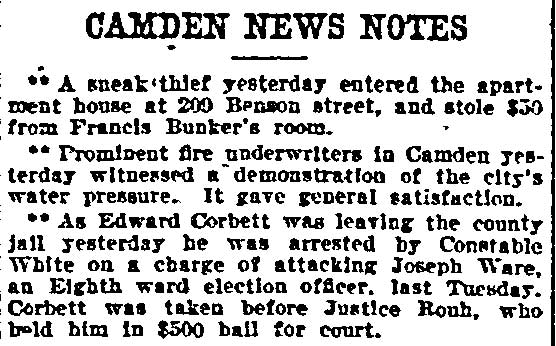 Camden News Notes — Joseph Ware election officer assault, Philadelphia Inquirer, November 10, 1905