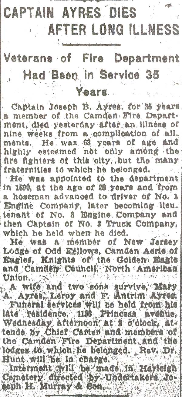 Camden Post-Telegram, May 25, 1925 — Captain Ayres Dies After Long Illness