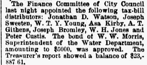 Philadelphia Inquirer article about Finance Committee appointments, June 24, 1885, listing Joseph Bromley as tax-bill distributor