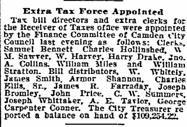 Philadelphia Inquirer article Extra Tax Force Appointed, July 25, 1899, listing Joseph Bromley as bill distributor