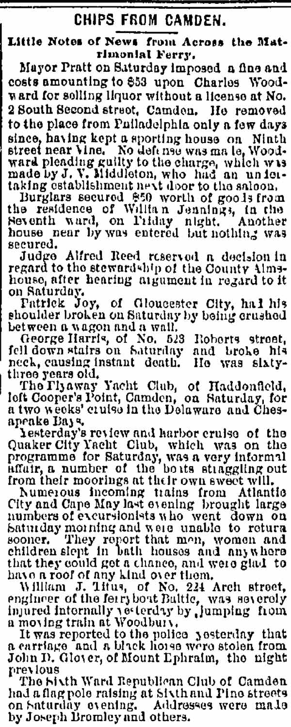 Philadelphia Inquirer Chips from Camden column, August 9, 1888, mentioning Joseph Bromley and Sixth Ward Republican Club