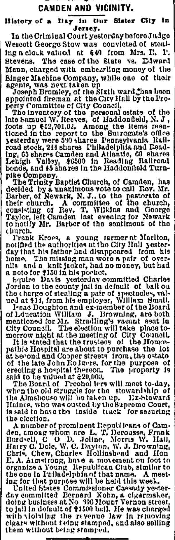 Philadelphia Inquirer Camden and Vicinity column, November 10, 1886, reporting Joseph Bromley appointed fireman