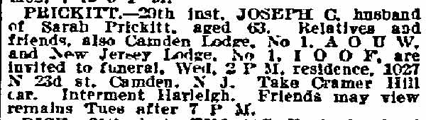 Philadelphia Inquirer death notice for Joseph C. Prickett, March 31, 1913