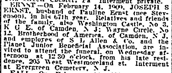 Philadelphia Inquirer death notice for Joseph S. Ernst, February 17, 1909