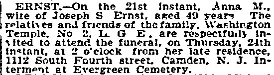 Philadelphia Inquirer death notice for Anna M. Ernst, September 24, 1896