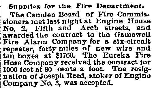 Philadelphia Inquirer clipping dated July 12, 1892, reporting the resignation of Joseph Reed, stoker of Engine Company No. 3