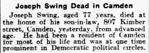 Philadelphia Inquirer, August 26, 1903 — Joseph Swing Dead in Camden