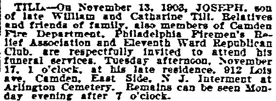 Death notice for Joseph Till, Philadelphia Inquirer, November 15, 1903