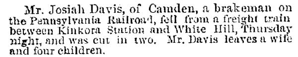 Trenton Evening Times article about Josiah Davis, January 12, 1884