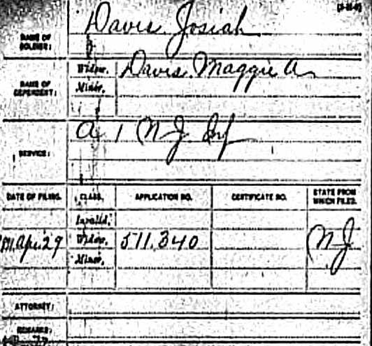 Civil War pension record for Josiah Davis, widow Maggie A. Davis
