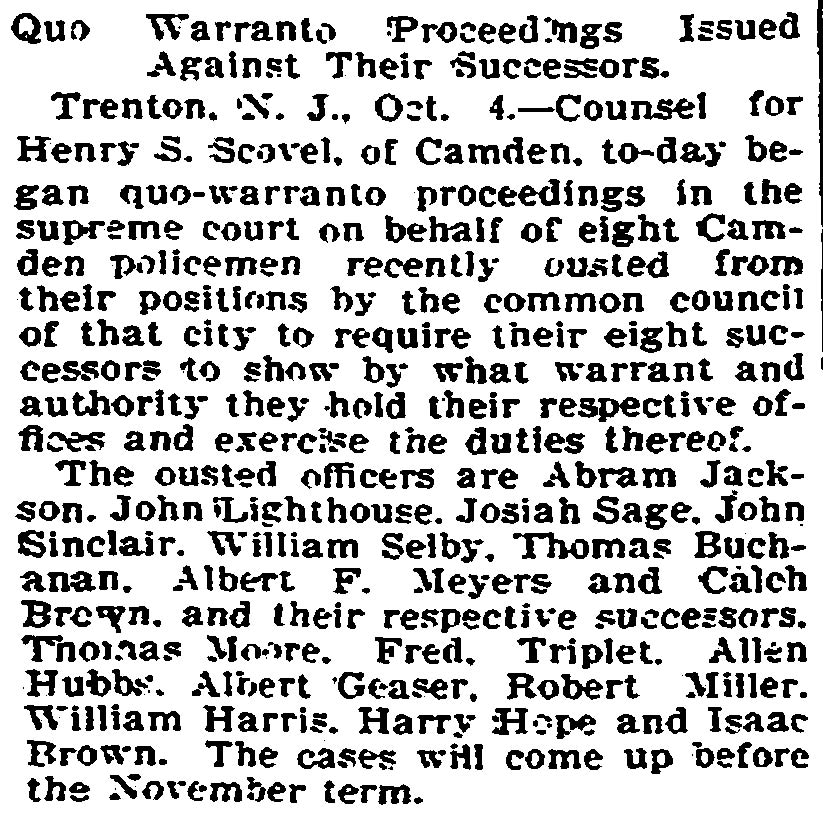 Philadelphia Inquirer October 5, 1899 — Quo warranto proceedings for ousted Camden policemen