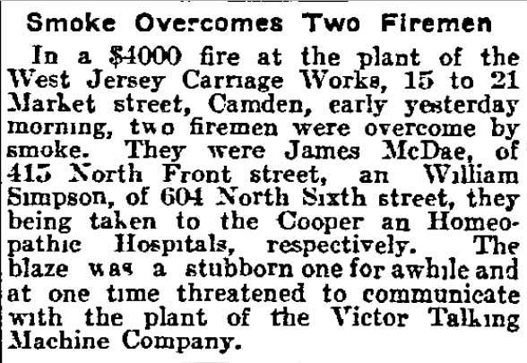 Philadelphia Inquirer April 25, 1913 — Smoke Overcomes Two Firemen