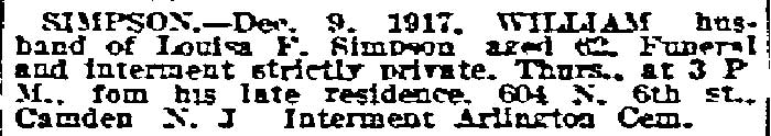 Philadelphia Inquirer, December 11, 1917 — Simpson death notice