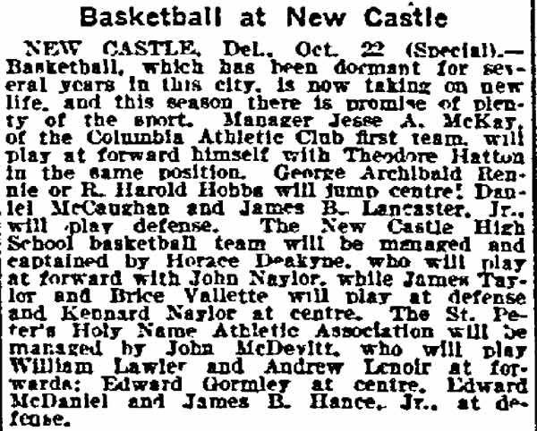 Philadelphia Inquirer, October 23, 1910 — Basketball at New Castle