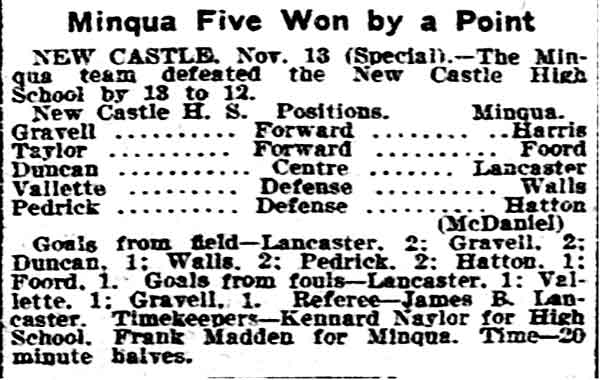 Philadelphia Inquirer, November 14, 1908 — Minqua Five Won by a Point