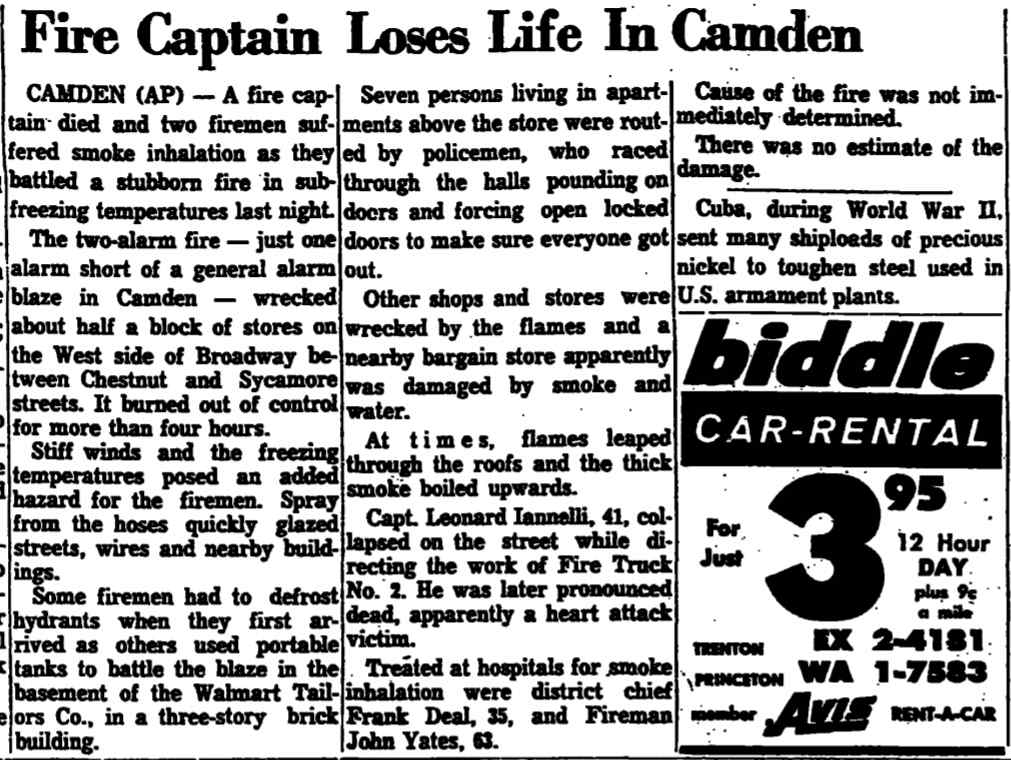 Philadelphia Inquirer AP report: Fire Captain Loses Life In Camden, January 15, 1964