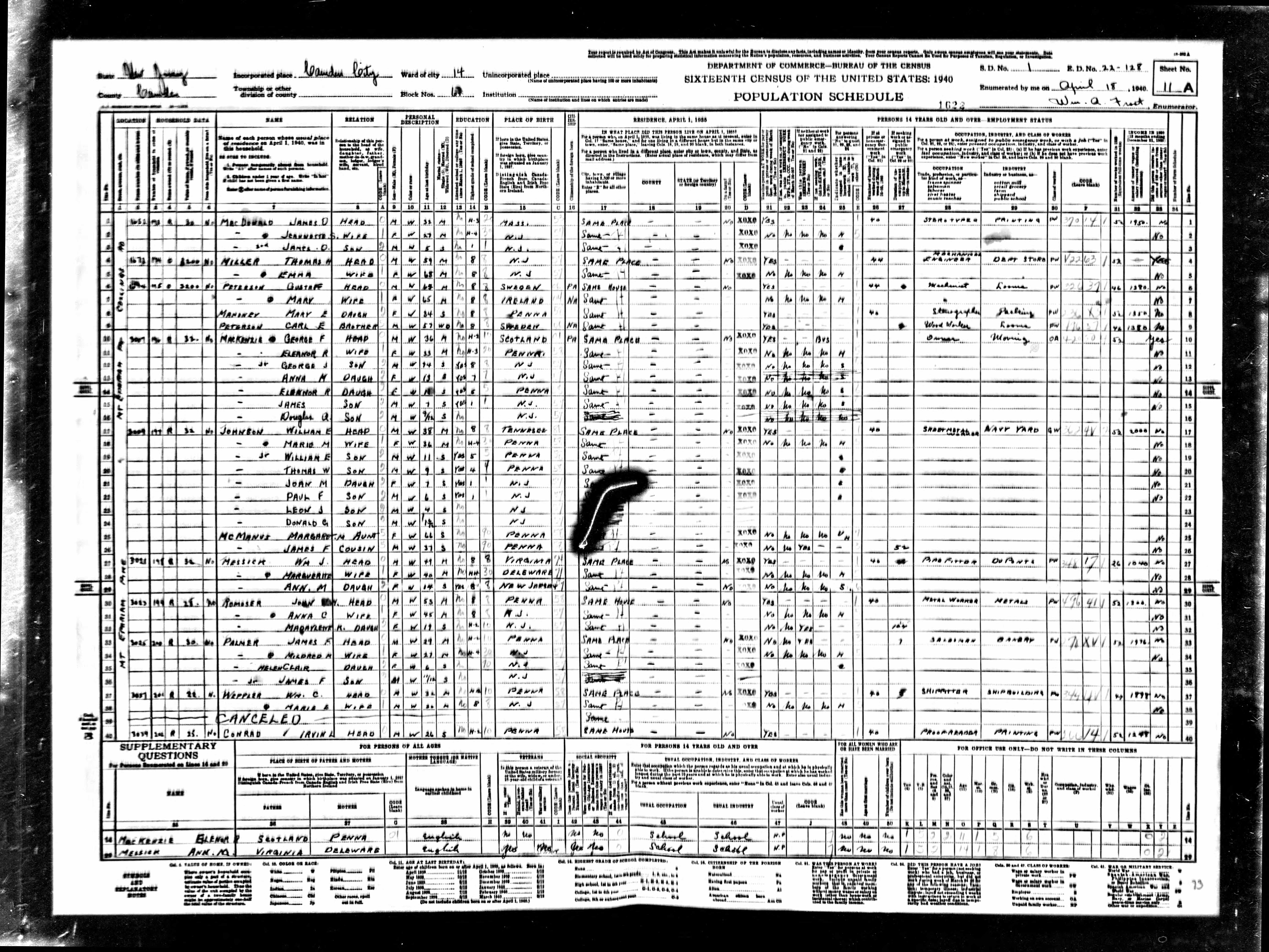 Johnson family in the 1940 U.S. Federal Census