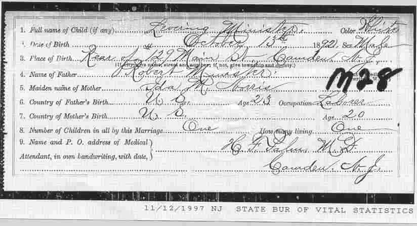 Birth Certificate for Levering Minister
