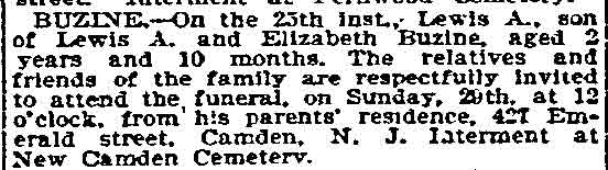 BUZINE death notice — Lewis A. Buzine Jr., aged 2 years and 10 months, funeral at 427 Emerald Street, Philadelphia Inquirer, March 1, 1896