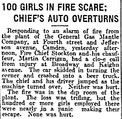 Philadelphia Inquirer, September 13, 1914 — 100 girls in fire scare; chief's auto overturns