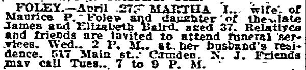 Death notice for Martha I. Foley — Philadelphia Inquirer, April 30, 1918