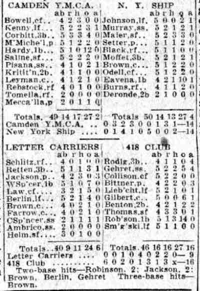 Camden Courier-Post clipping dated July 25, 1941, showing box scores for the Camden YMCA vs New York Ship game and the Letter Carriers vs 418 Club game, with Morris Odell listed as centerfielder for New York Ship