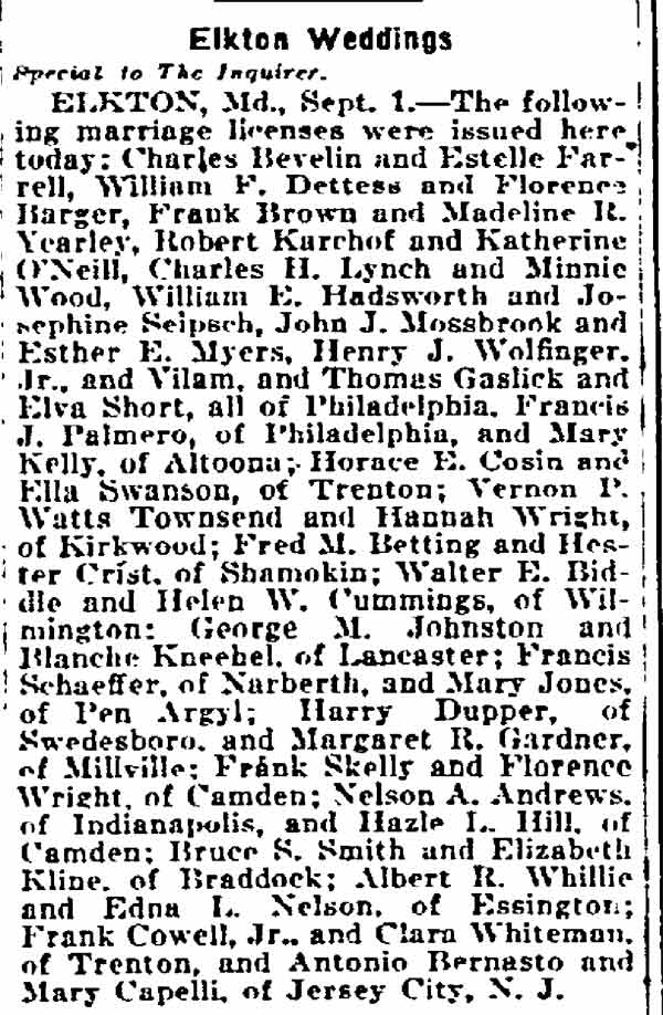 Philadelphia Inquirer, September 1, 1919 — Elkton Weddings