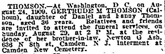 Philadelphia Inquirer, August 28, 1909 — Thomson death notice