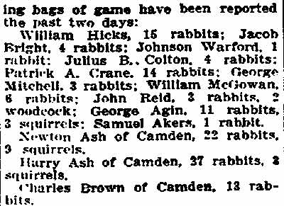 Trenton Times, November 16, 1907 — Sports Afield With Dog and Gun (game bag report)